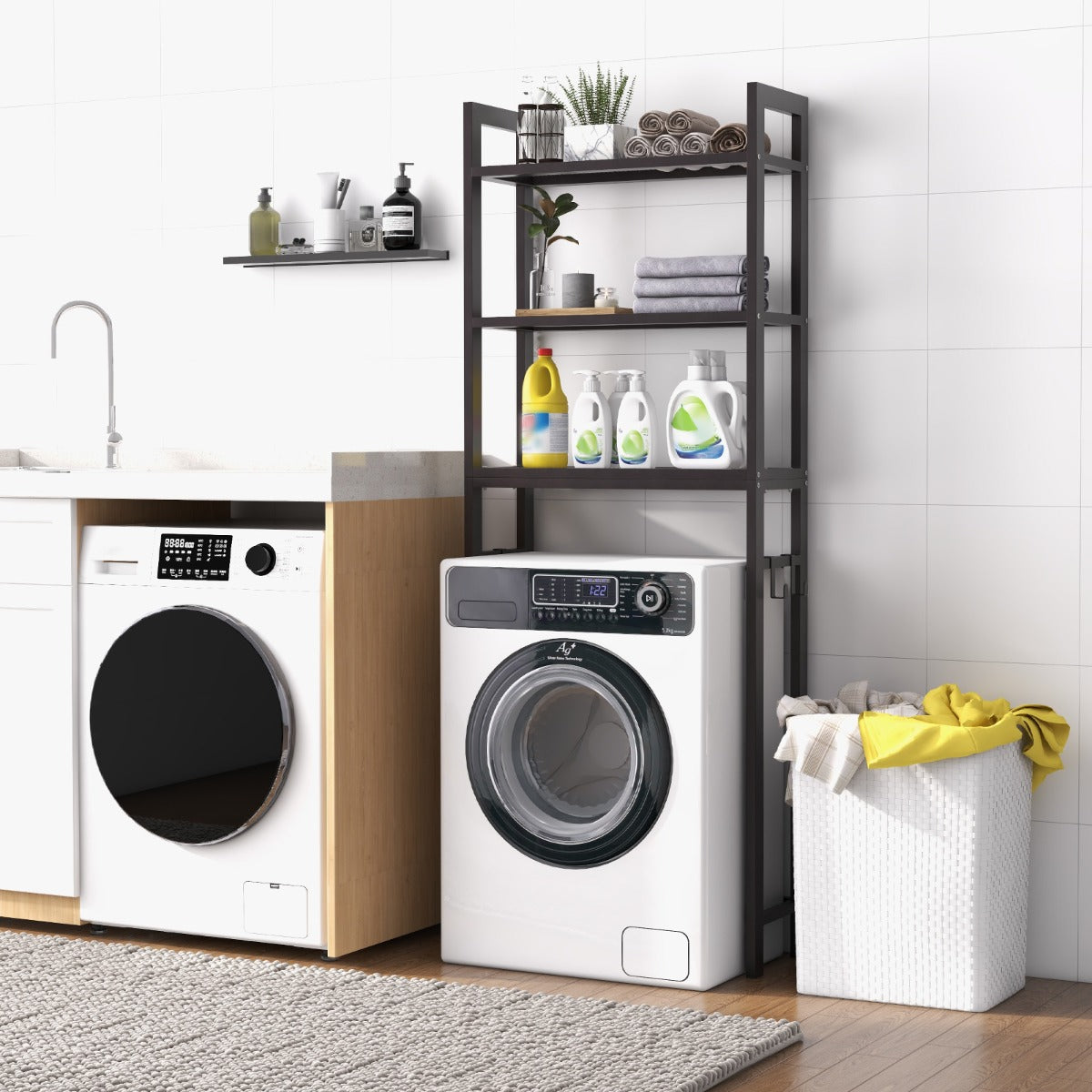 Metal mesh shelves help prevent moisture buildup and make the bathroom rack easy to clean