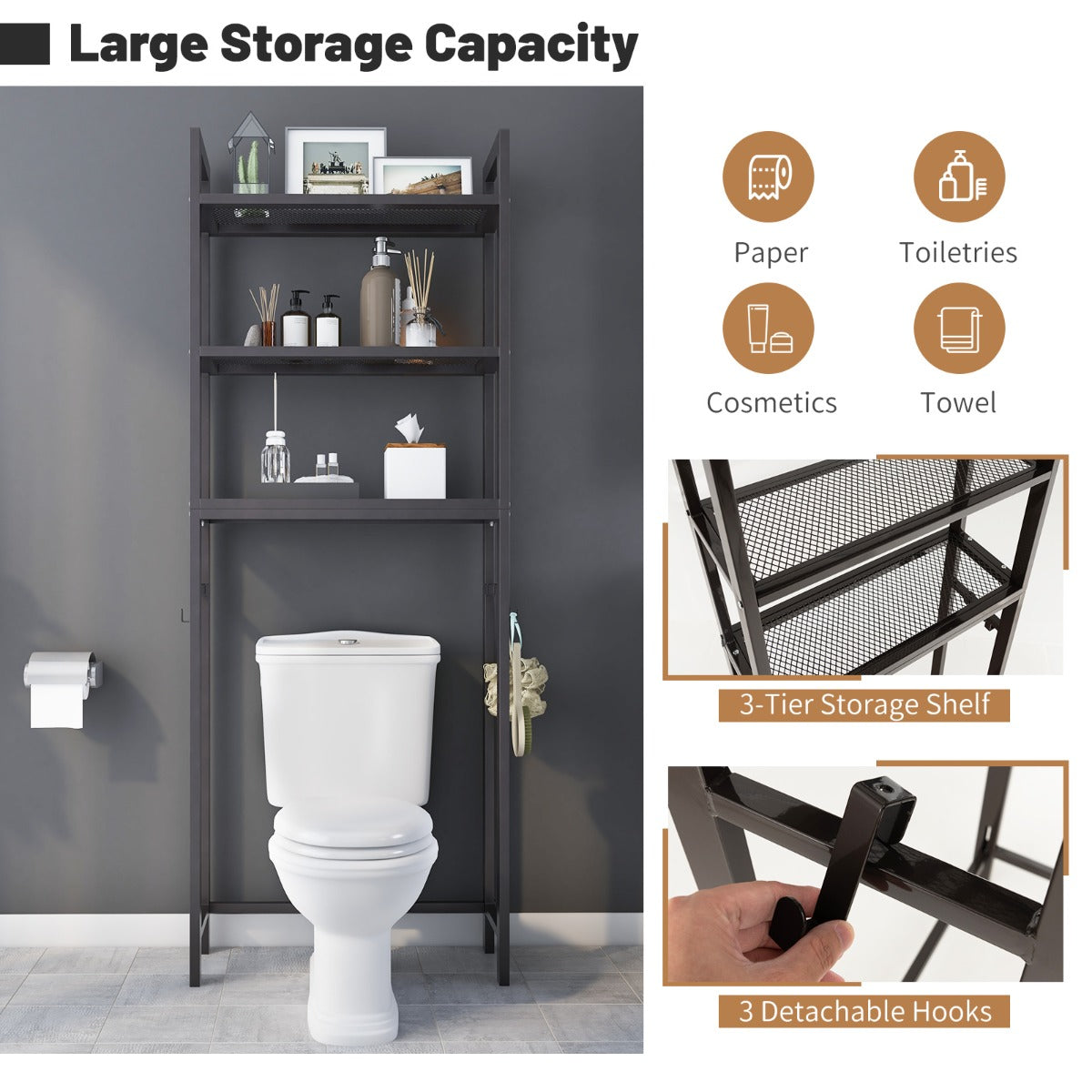 Rustproof metal bathroom rack provides durable storage for toiletries, towels, and cosmetics