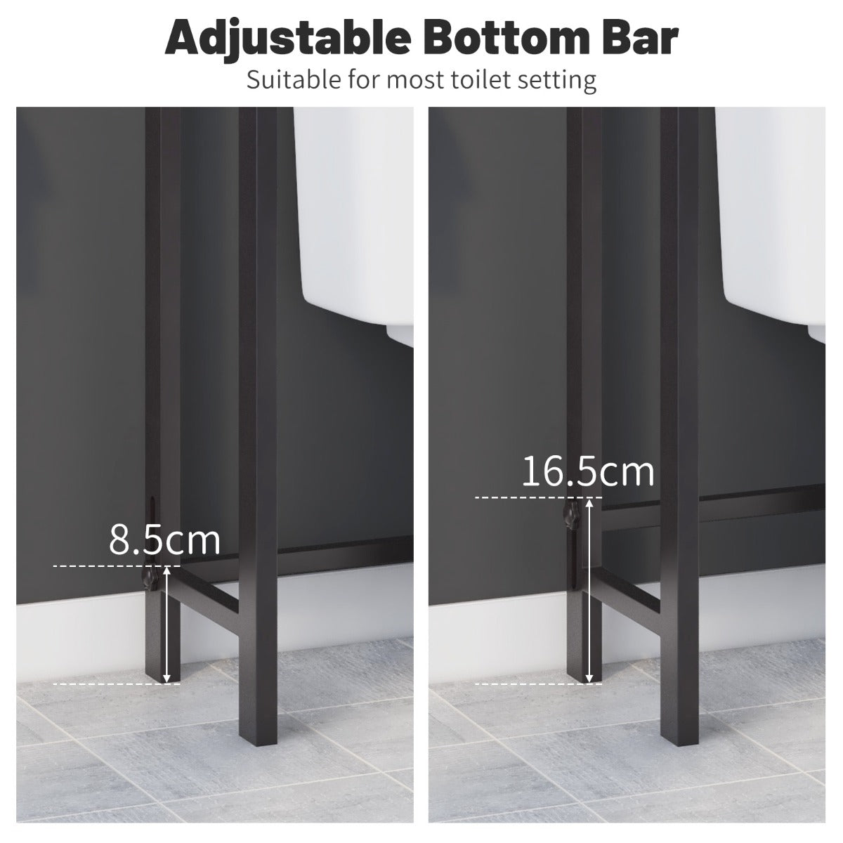 Over-the-toilet storage shelf includes two anti-tipping devices for secure installation