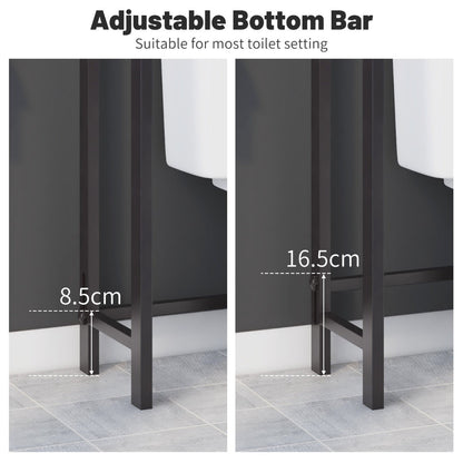 Over-the-toilet storage shelf includes two anti-tipping devices for secure installation