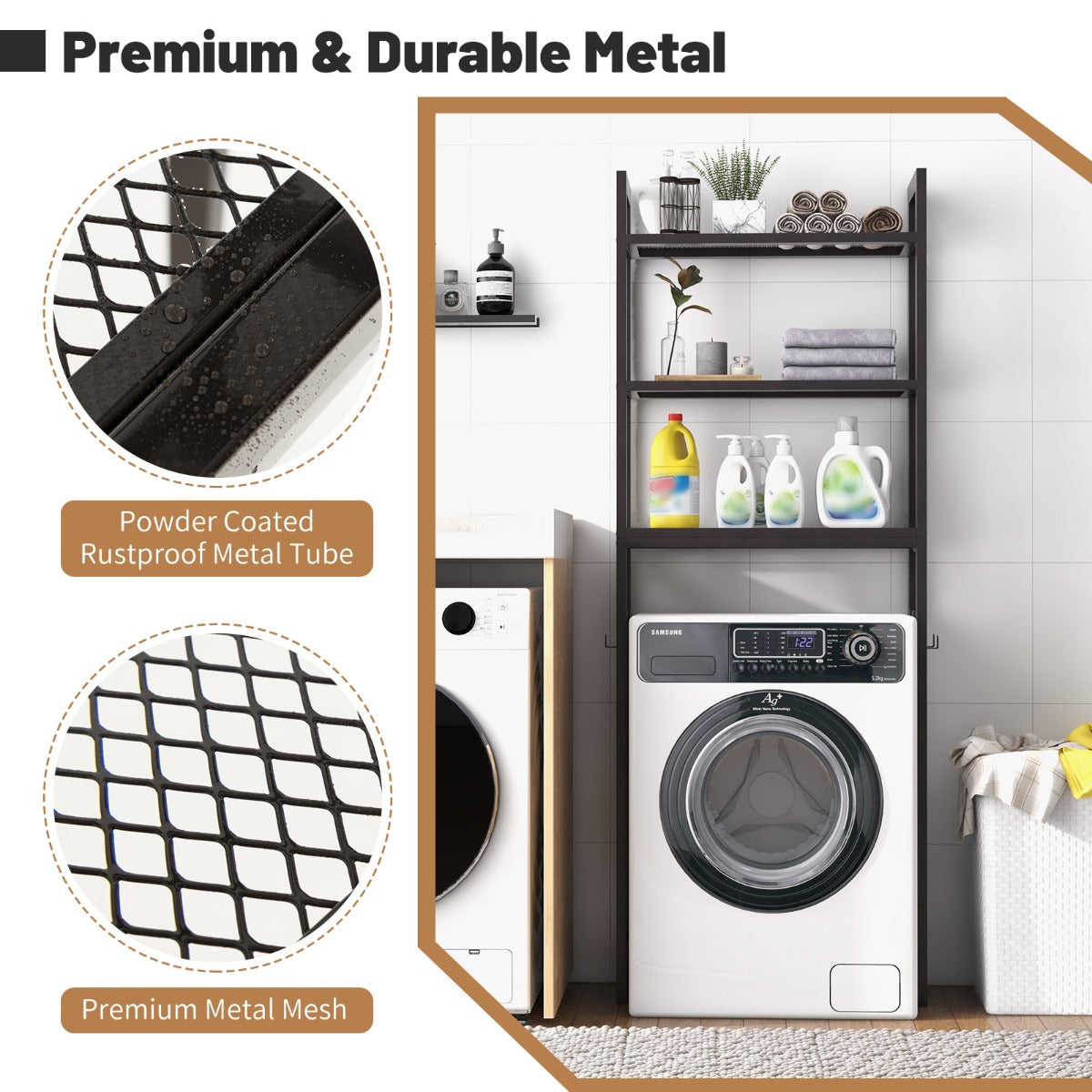 Large bathroom storage rack offers space for toilet paper, cosmetics, toiletries, and towels