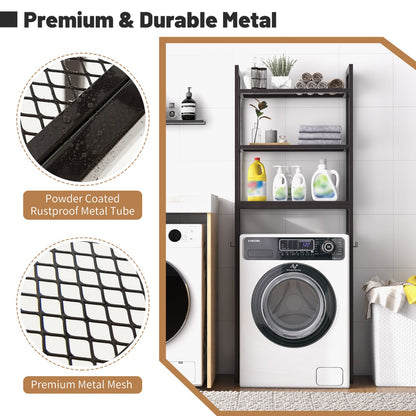 Large bathroom storage rack offers space for toilet paper, cosmetics, toiletries, and towels