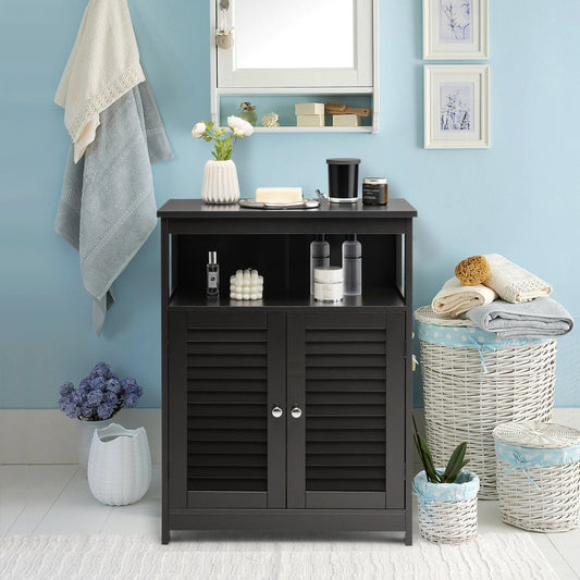 Costway Storage Cabinet with Lamellar Doors and Shelf for Bathroom-Black