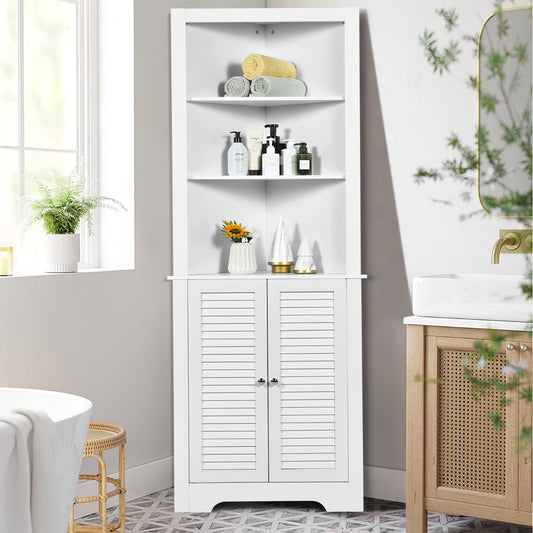 Costway Bathroom Corner Storage Cabinet Tall Bathroom Cabinet with 3 Open Shelves-White