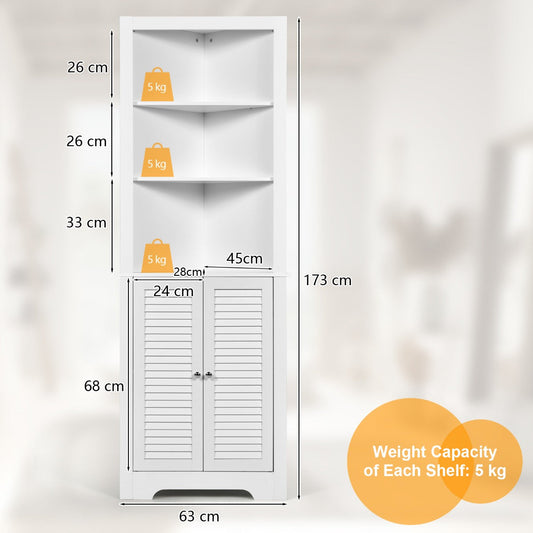 White triangular corner cabinet with three open shelves and a closed compartment for storage