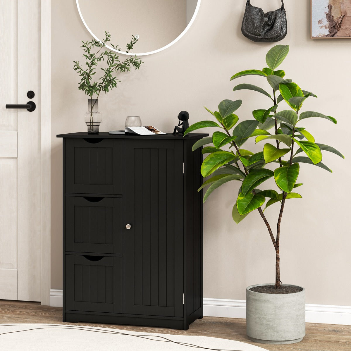 Costway Bathroom Floor Cabinet with 3 Drawers and 1 Side Cabinet-Black