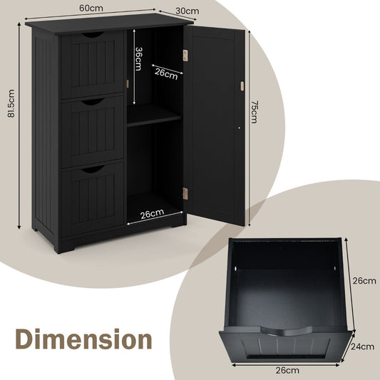 Black three-drawer bathroom storage cabinet with a spacious side cupboard for essentials