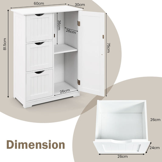 Three tier bathroom storage cabinet with three drawers and a side cupboard organizes daily essentials