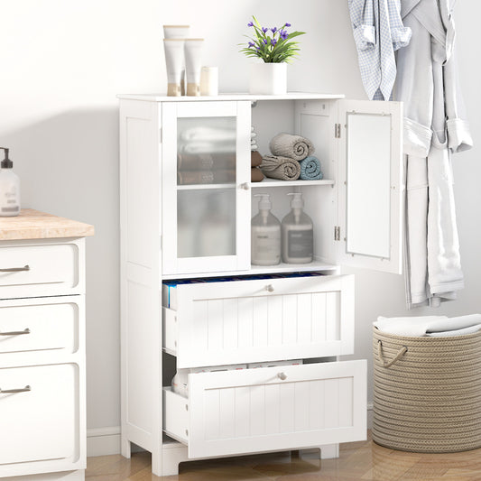 Bathroom Floor Storage Cabinet with 2 Drawers and 2 Frosted Glass Doors-White