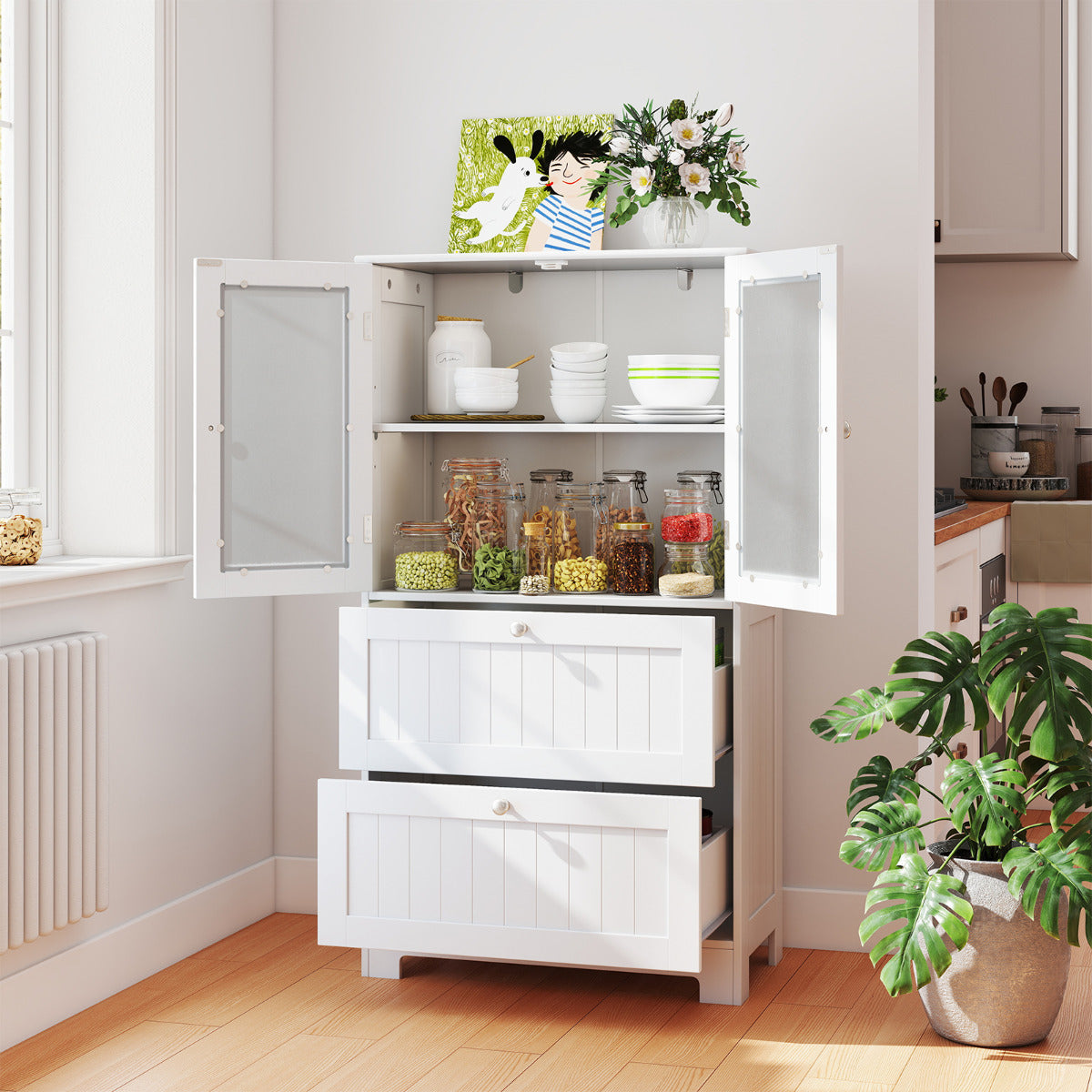 Bathroom Floor Storage Cabinet with 2 Drawers and 2 Frosted Glass Doors-White