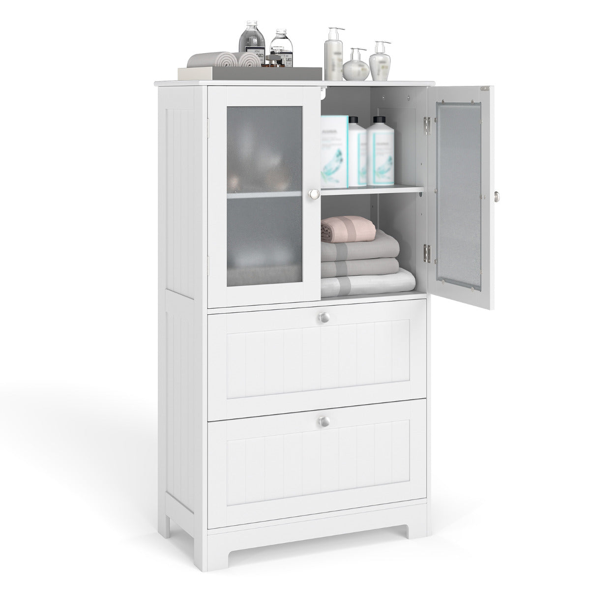 Bathroom Floor Storage Cabinet with 2 Drawers and 2 Frosted Glass Doors-White