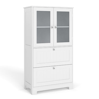 Bathroom Floor Storage Cabinet with 2 Drawers and 2 Frosted Glass Doors-White