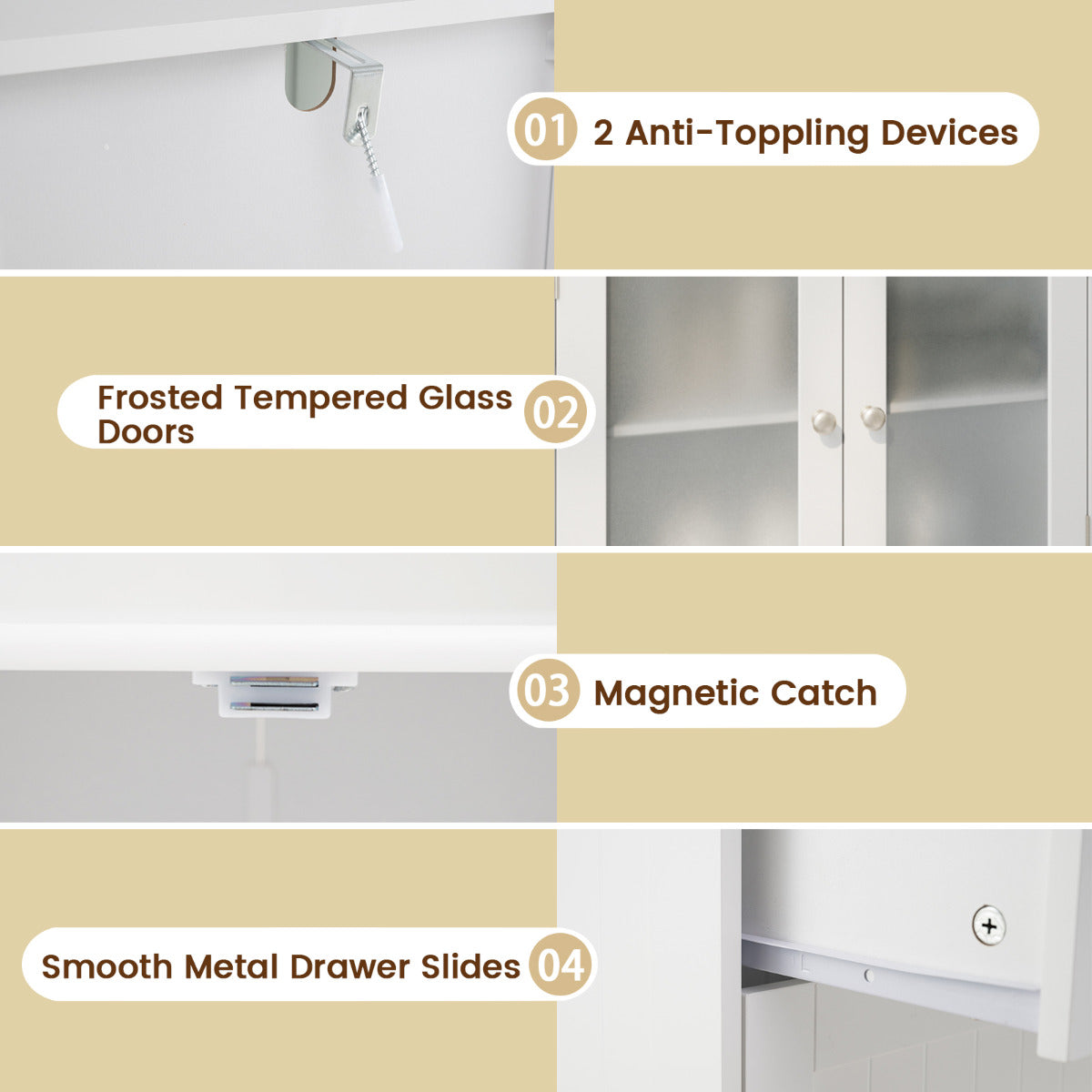 Bathroom Floor Storage Cabinet with 2 Drawers and 2 Frosted Glass Doors-White