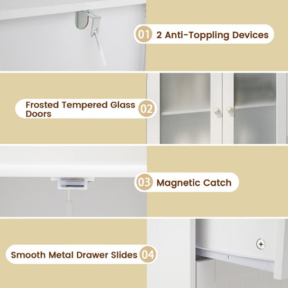 Bathroom Floor Storage Cabinet with 2 Drawers and 2 Frosted Glass Doors-White