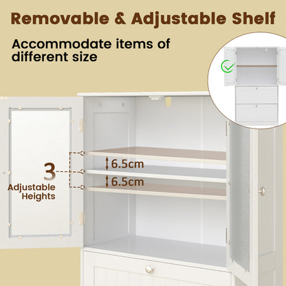 Bathroom Floor Storage Cabinet with 2 Drawers and 2 Frosted Glass Doors-White