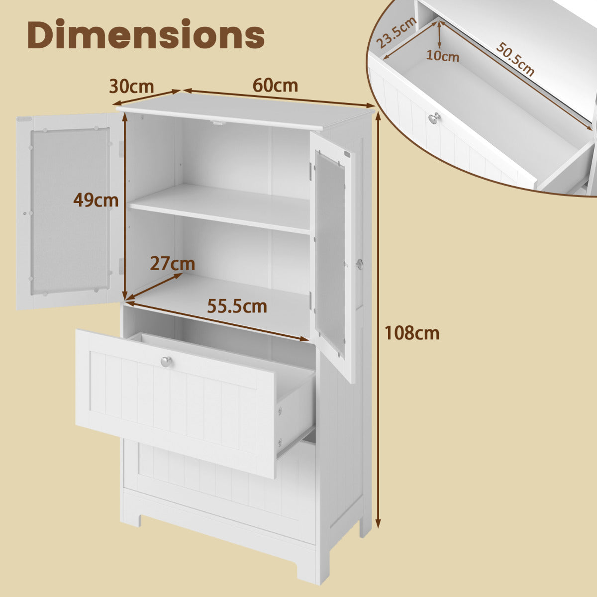 Bathroom Floor Storage Cabinet with 2 Drawers and 2 Frosted Glass Doors-White