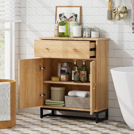 Costway Bathroom Floor Cabinet Sideboard Cabinet with Rattan Doors and Drawer-Natural