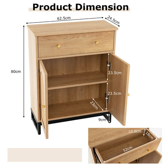 Natural floor storage cabinet with rattan double doors, drawer, and two-tier enclosed storage