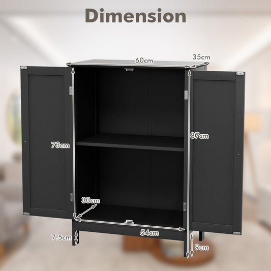 Modern black bathroom floor cabinet with double doors, adjustable shelf and spacious countertop storage