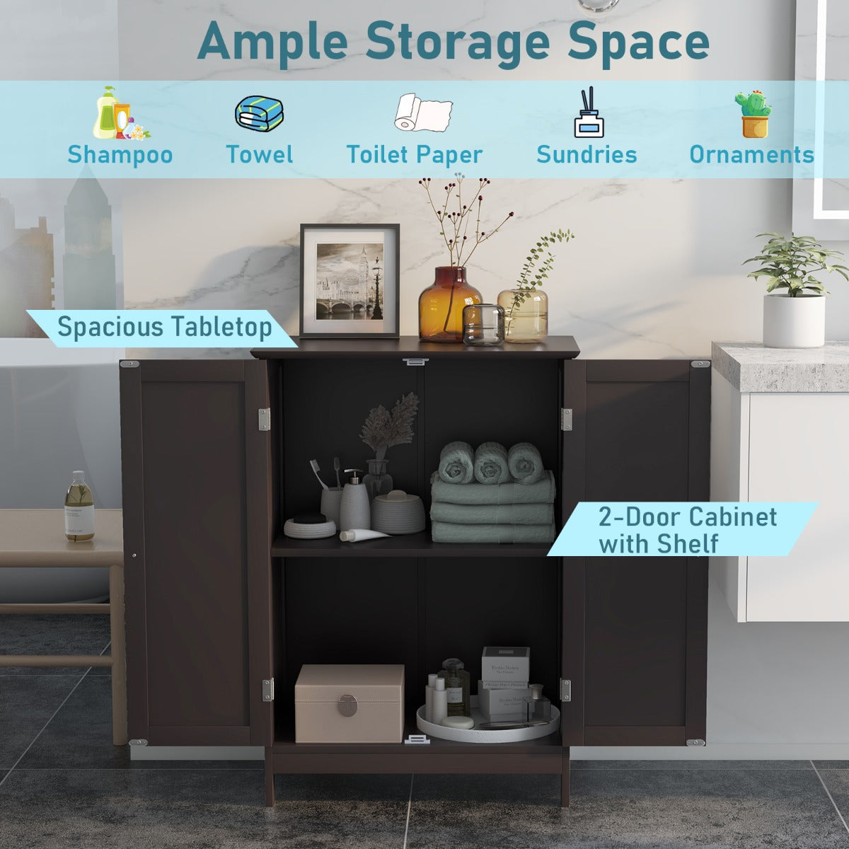 Bathroom Storage Cabinet with Double Doors &amp; Adjustable Shelf-Coffee