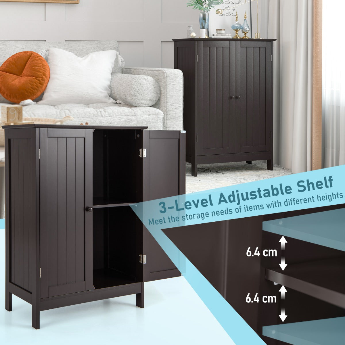 Bathroom Storage Cabinet with Double Doors &amp; Adjustable Shelf-Coffee