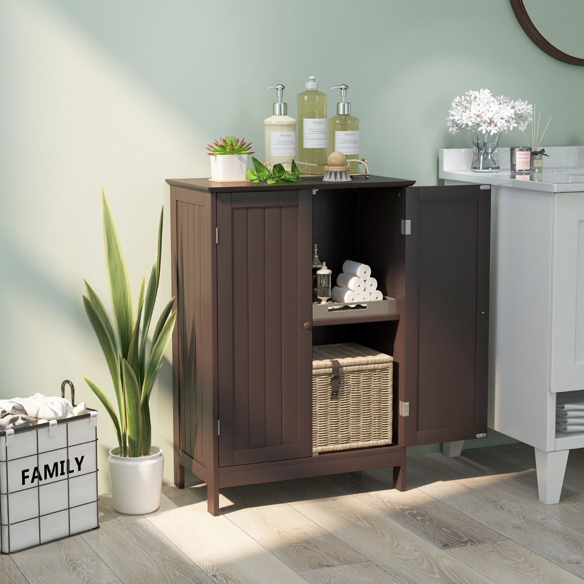 Bathroom Storage Cabinet with Double Doors &amp; Adjustable Shelf-Coffee