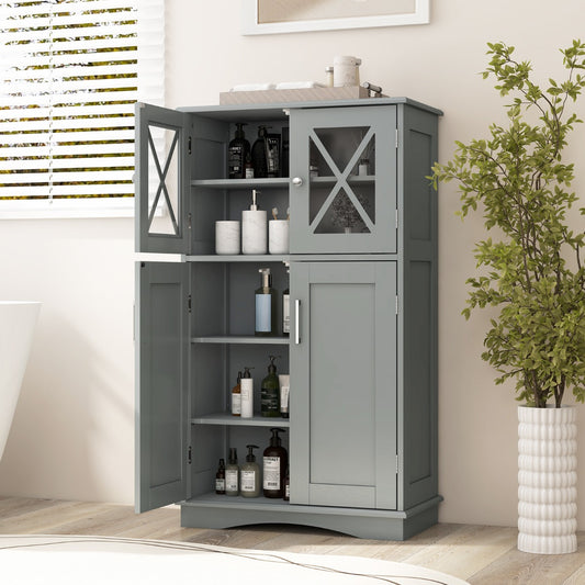 Costway Bathroom Storage Cabinet with Doors and Adjustable Shelves-Grey