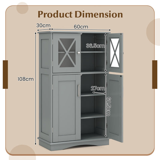White and grey five-tier floor cabinet with transparent glass doors for organized home storage