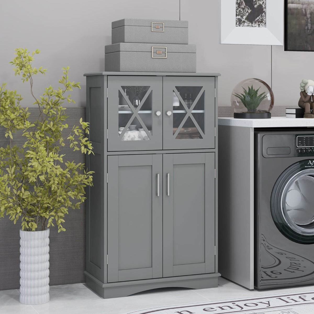 Costway Bathroom Storage Cabinet with Doors and Adjustable Shelves-Grey