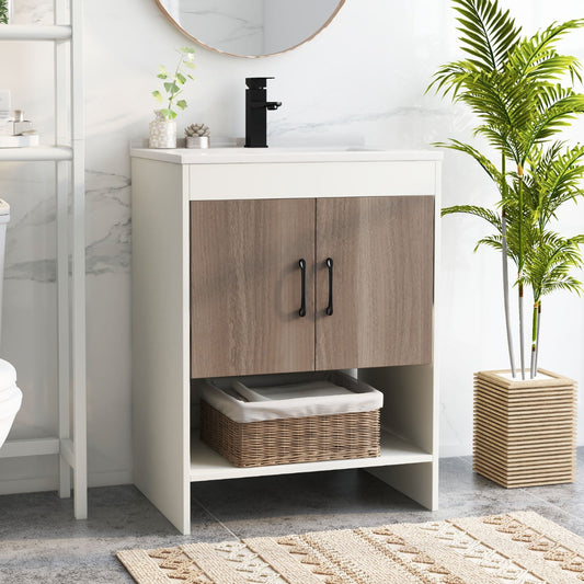 Costway 63.5cm Bathroom Vanity Sink Combo with Doors Shelf Backsplash