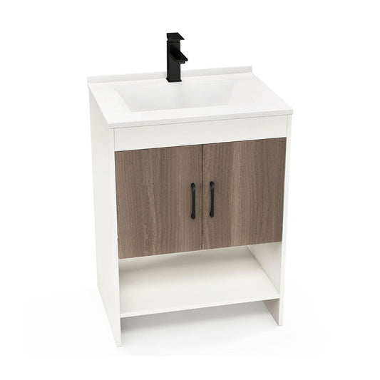 Modern bathroom sink cabinet includes a two-door cupboard for protecting toiletries from water and dust