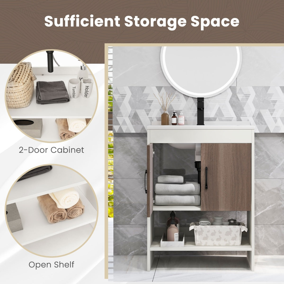 Open vanity shelf keeps towels, skincare products, and daily bathroom essentials within easy reach