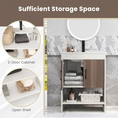 Open vanity shelf keeps towels, skincare products, and daily bathroom essentials within easy reach