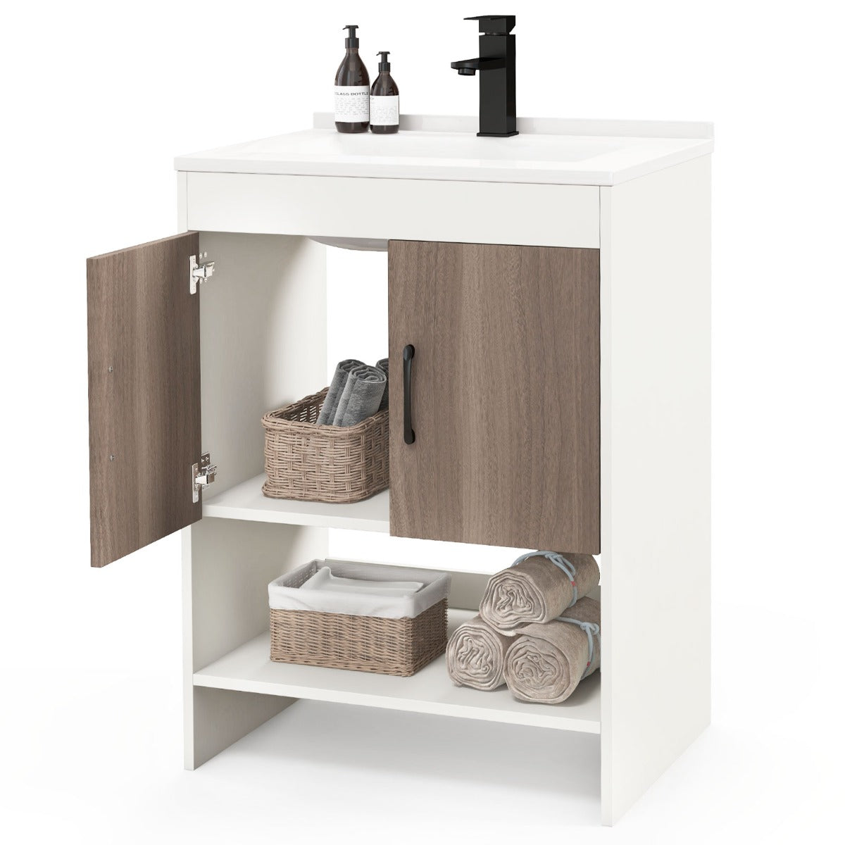 Wall-secured bathroom vanity includes anti-toppling devices to improve safety and stability