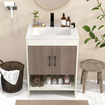Integrated sink vanity provides organized storage while helping keep the bathroom neat and tidy