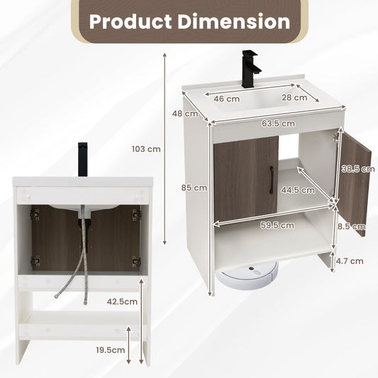 White bathroom vanity cabinet with integrated sink, backsplash, concealed storage, and open shelving