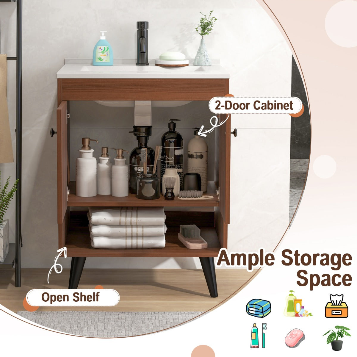 Two-door bathroom vanity offers concealed storage for essentials and an open shelf for display