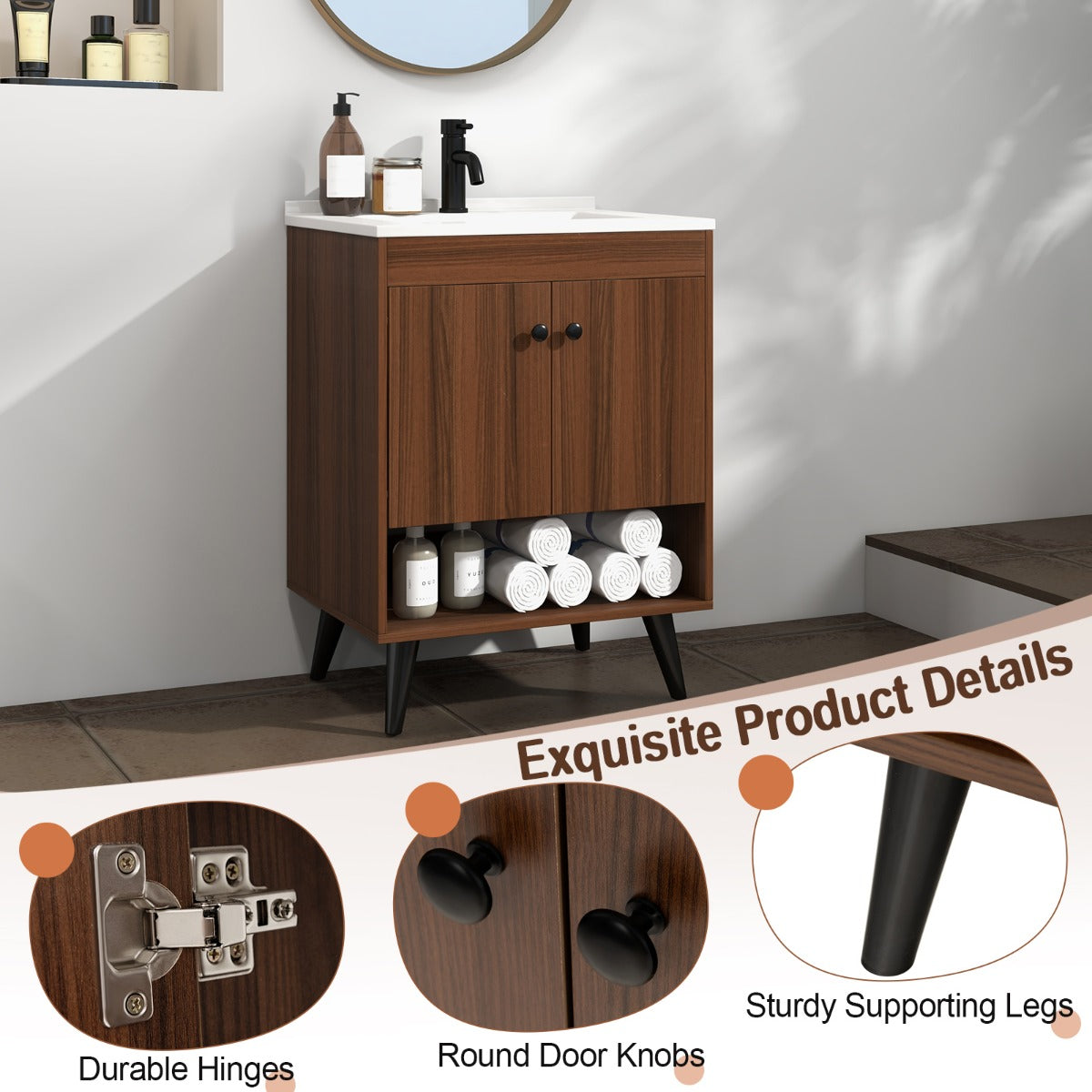 Bathroom vanity includes rustproof stainless steel accessories for lasting everyday performance