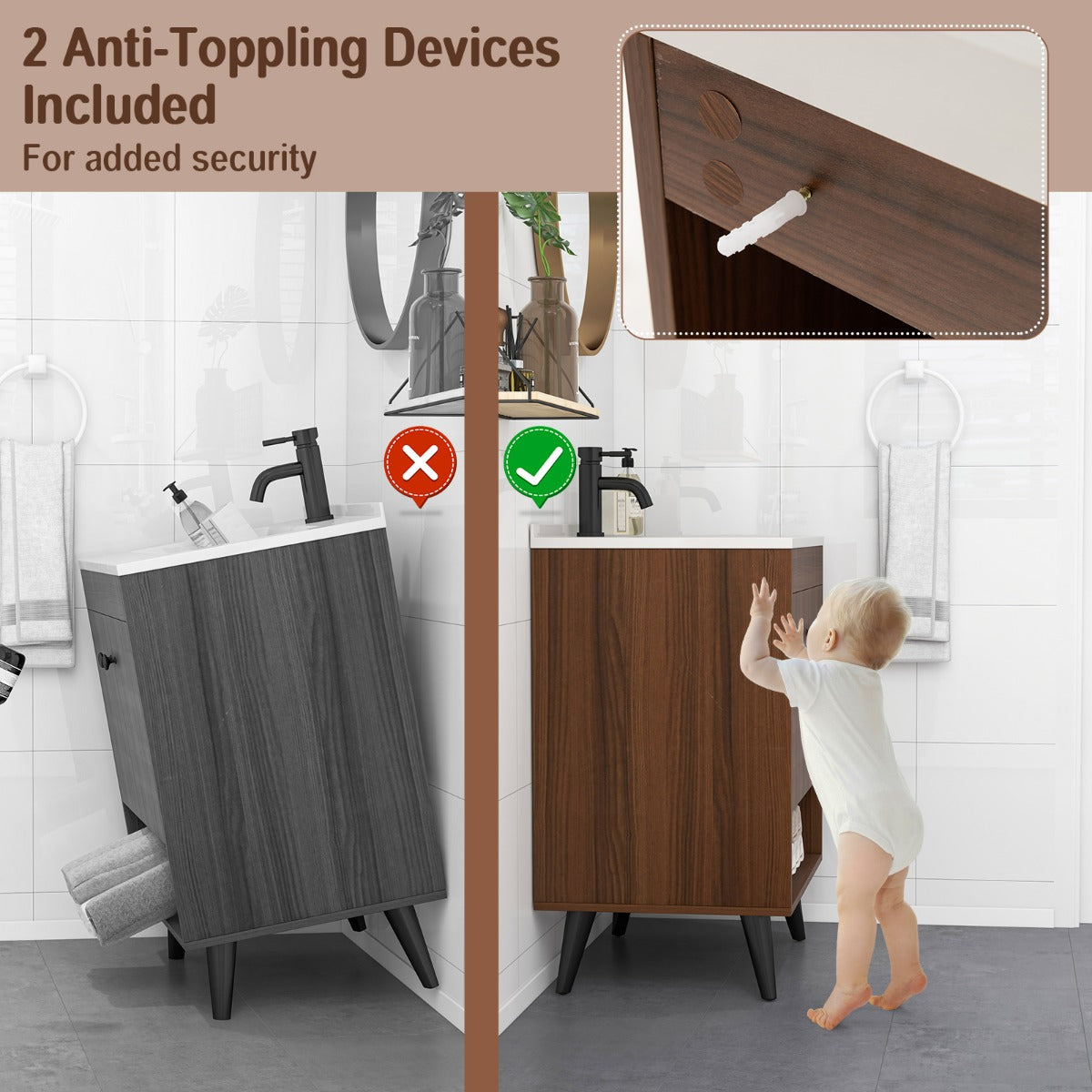 Two anti-toppling devices help secure the bathroom cabinet safely to the wall