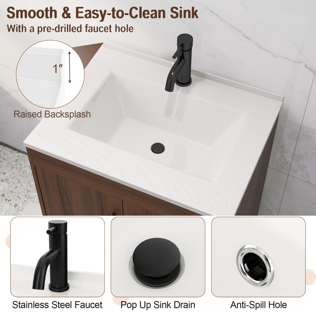 Smooth integrated sink surface wipes clean easily after everyday bathroom use