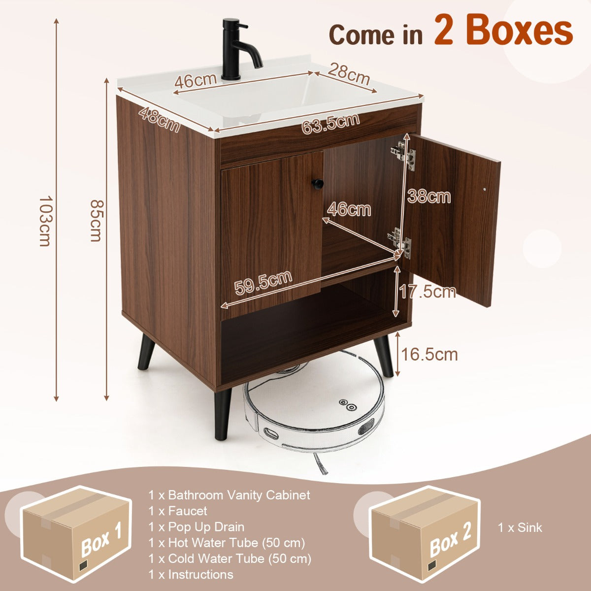 Walnut bathroom vanity cabinet with sink, backsplash, open shelf, and concealed storage