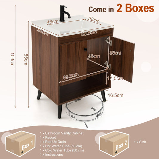 Walnut bathroom vanity cabinet with sink, backsplash, open shelf, and concealed storage