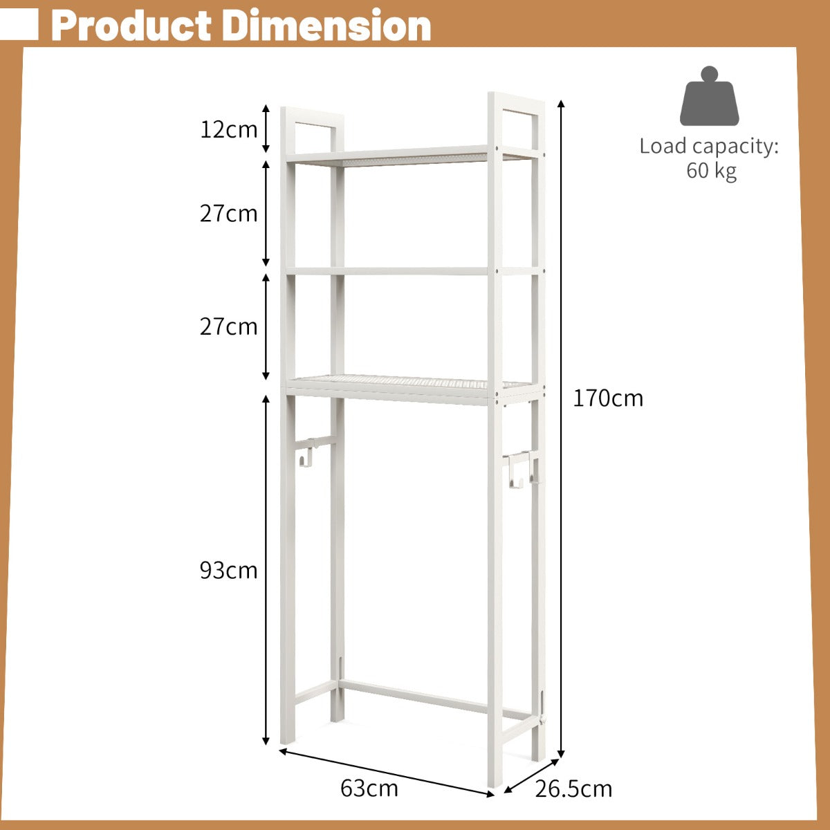 Over-the-toilet storage rack provides three shelves and three hooks for bathroom essentials and towels