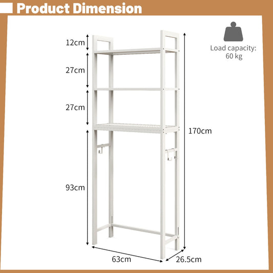 Over-the-toilet storage rack provides three shelves and three hooks for bathroom essentials and towels