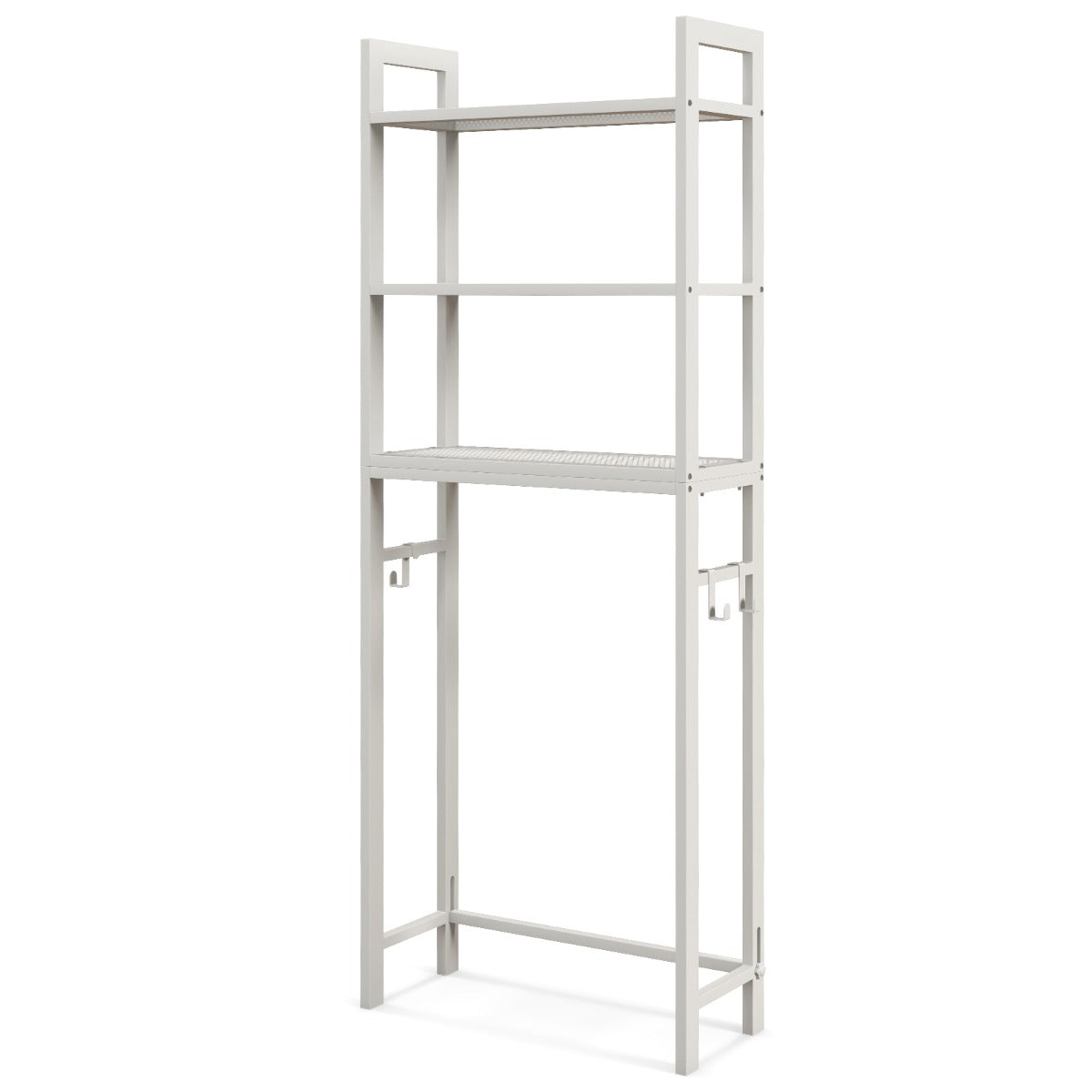 Space-saving toilet stand fits beside most toilets while maximizing storage in compact bathrooms