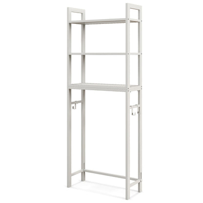 Space-saving toilet stand fits beside most toilets while maximizing storage in compact bathrooms