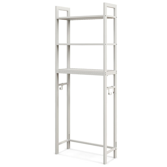 Space-saving toilet stand fits beside most toilets while maximizing storage in compact bathrooms