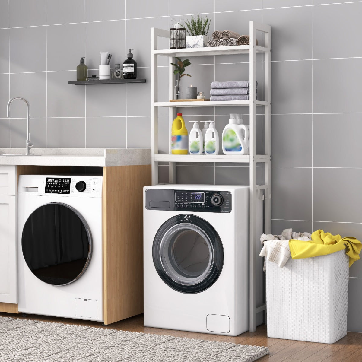 Three-tier shelving offers convenient space for toilet paper, toiletries, cosmetics, towels and supplies