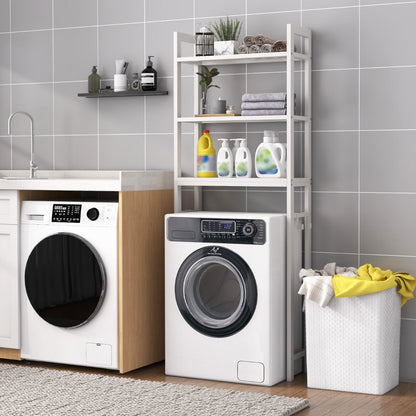 Three-tier shelving offers convenient space for toilet paper, toiletries, cosmetics, towels and supplies