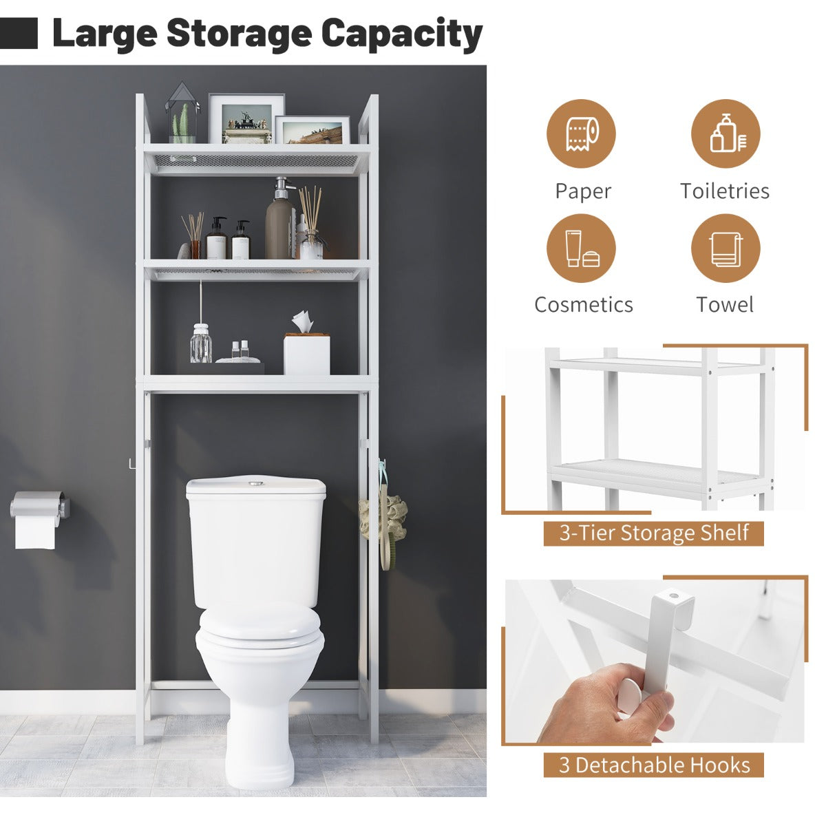 Adjustable bottom bar allows the metal bathroom rack to accommodate different toilet configurations